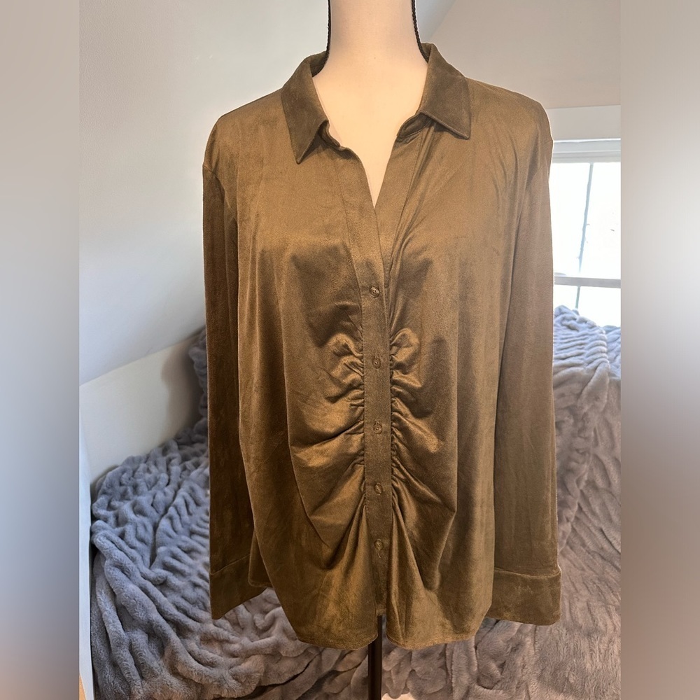 Calvin Klein Women’s Collar Sinched Micro Suede Green Shirt Sz 2x‎ (A0054 B3)